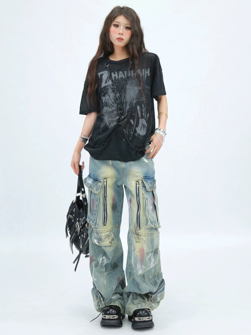 NANAICHILLI Creative Printed Loose Fit Streetwear Crew Neck Short Sleeve Black White T-Shirt