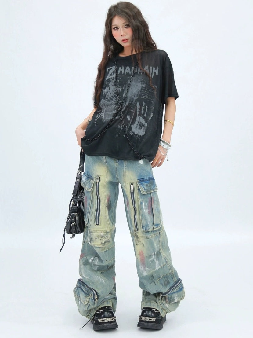 NANAICHILLI Creative Printed Loose Fit Streetwear Crew Neck Short Sleeve Black White T-Shirt