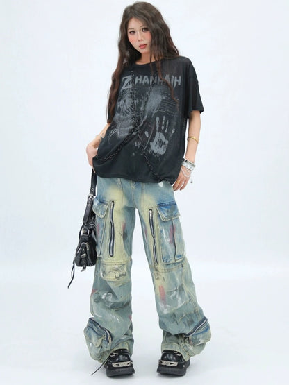 NANAICHILLI Creative Printed Loose Fit Streetwear Crew Neck Short Sleeve Black White T-Shirt