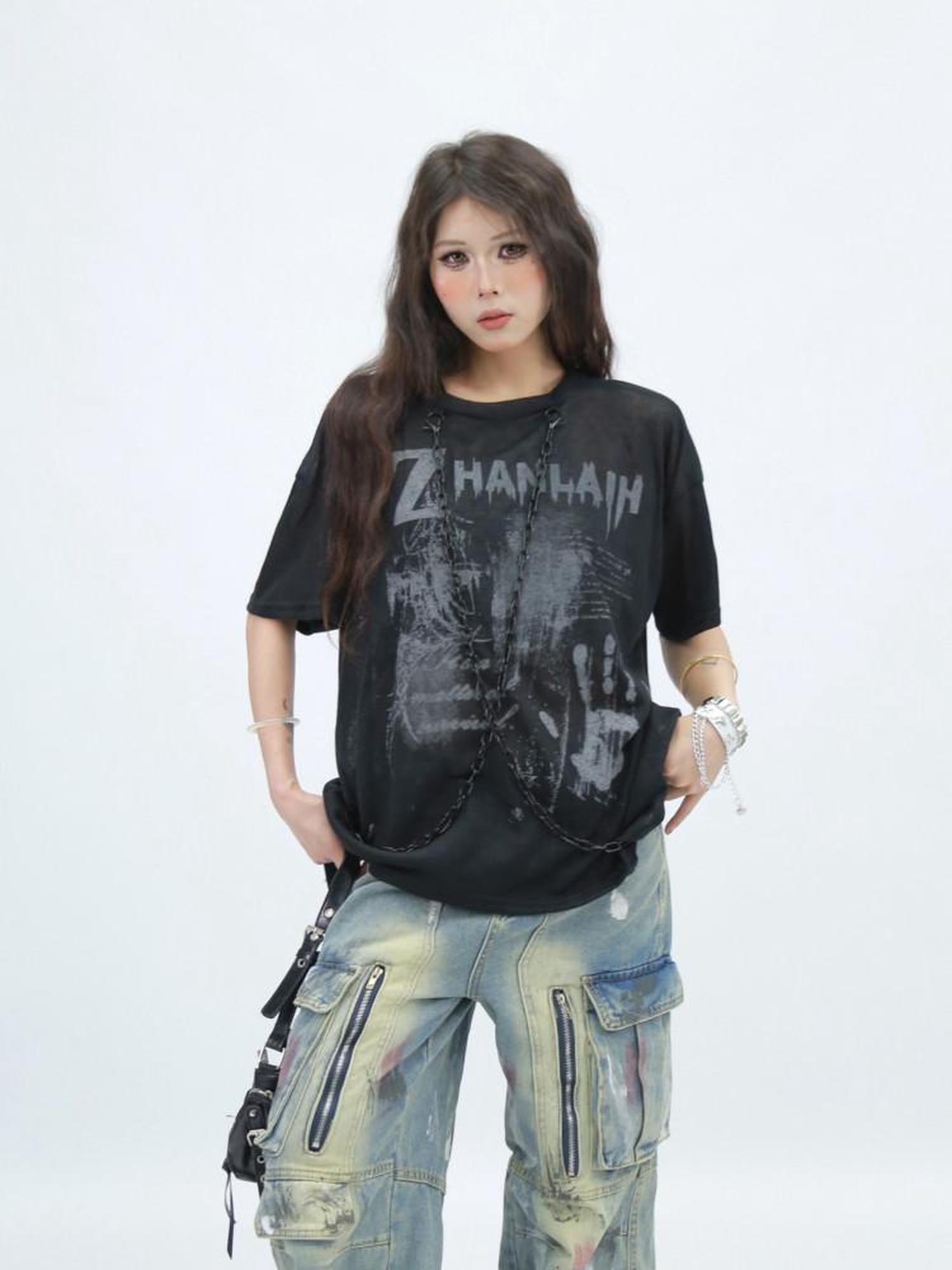 NANAICHILLI Creative Printed Loose Fit Streetwear Crew Neck Short Sleeve Black White T-Shirt