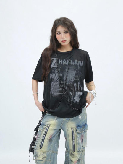 NANAICHILLI Creative Printed Loose Fit Streetwear Crew Neck Short Sleeve Black White T-Shirt