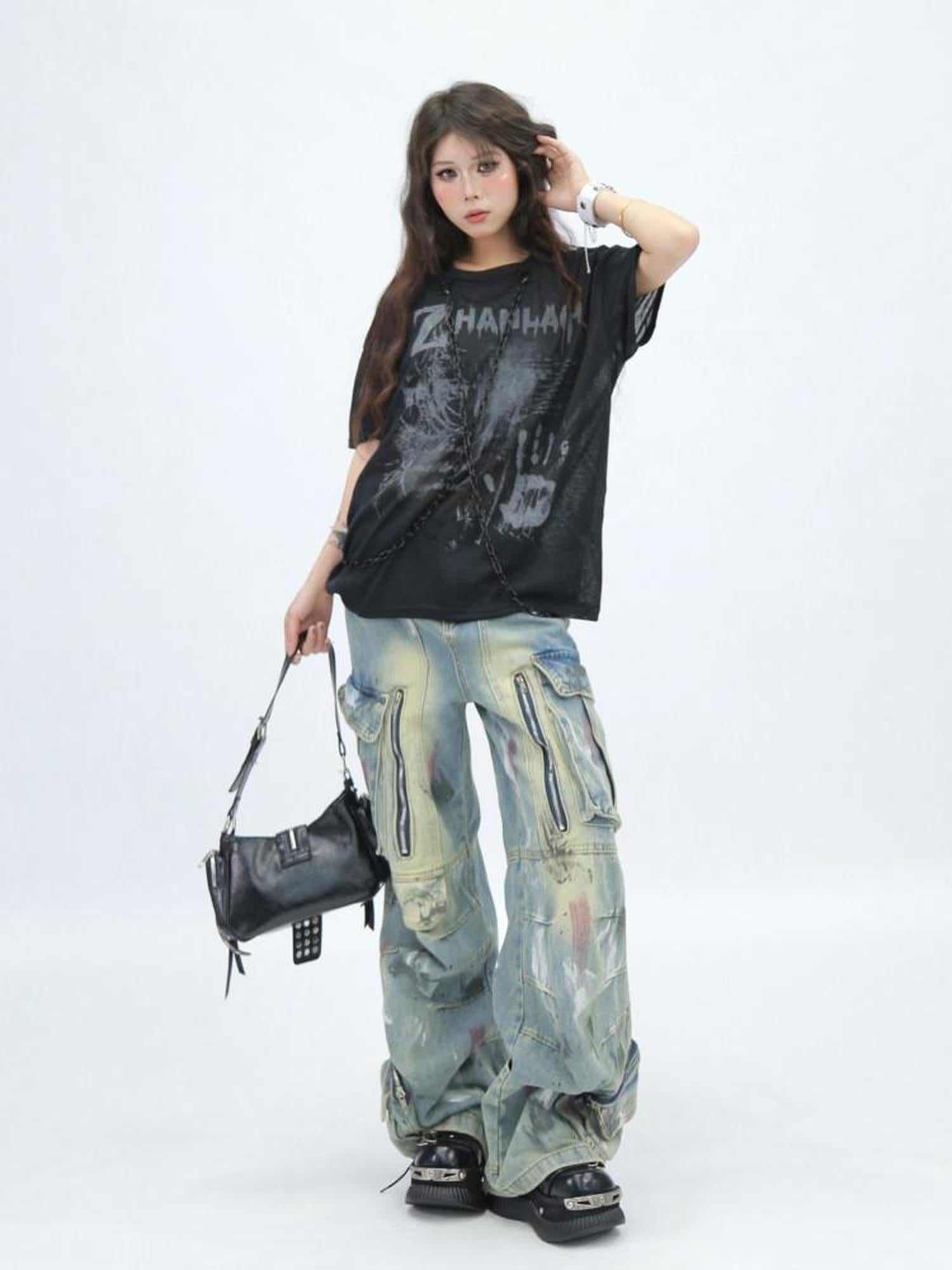 NANAICHILLI Creative Printed Loose Fit Streetwear Crew Neck Short Sleeve Black White T-Shirt