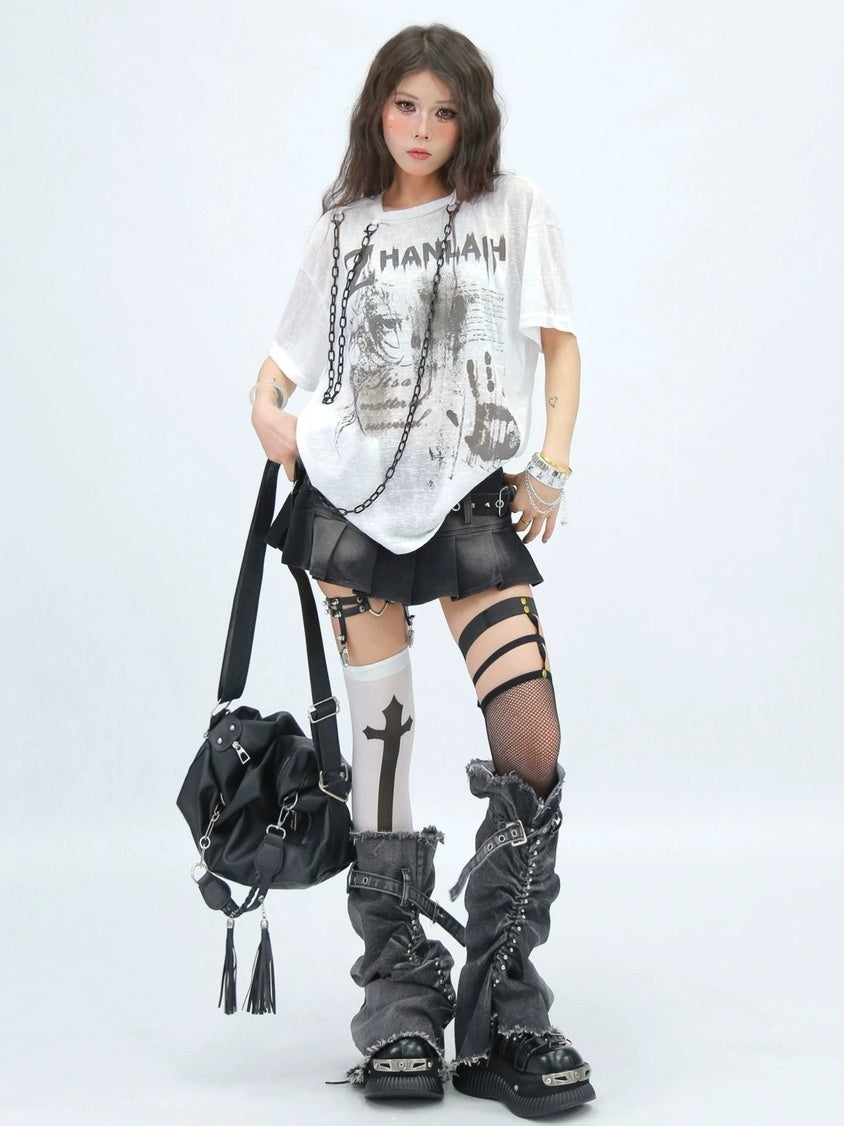 NANAICHILLI Creative Printed Loose Fit Streetwear Crew Neck Short Sleeve Black White T-Shirt