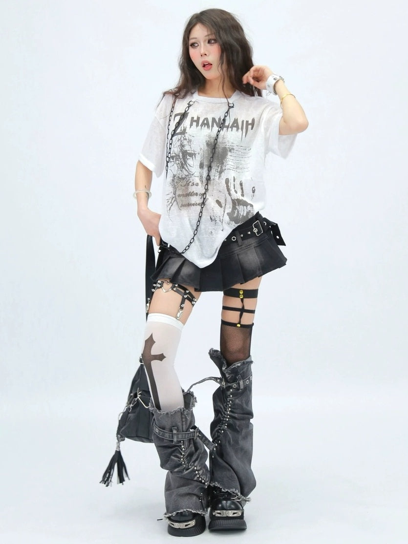 NANAICHILLI Creative Printed Loose Fit Streetwear Crew Neck Short Sleeve Black White T-Shirt