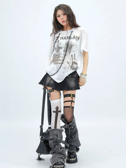 NANAICHILLI Creative Printed Loose Fit Streetwear Crew Neck Short Sleeve Black White T-Shirt