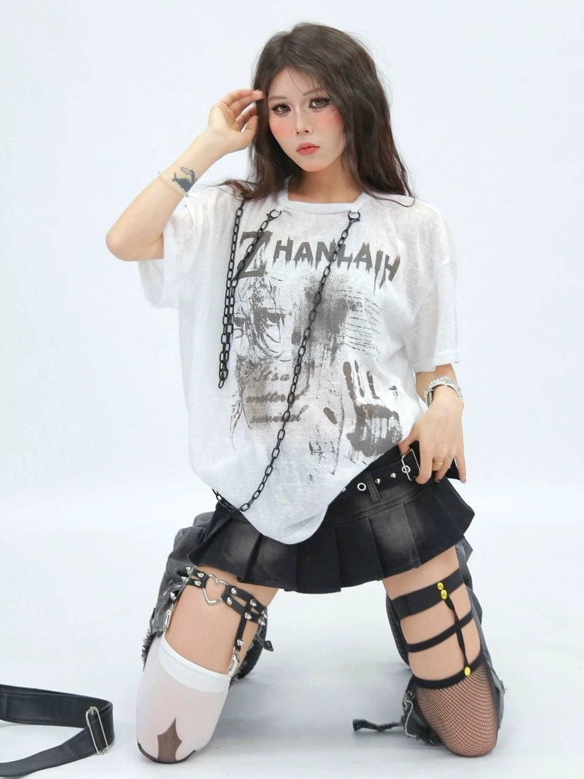 NANAICHILLI Creative Printed Loose Fit Streetwear Crew Neck Short Sleeve Black White T-Shirt