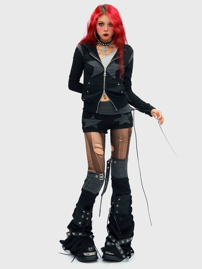 NANAICHILLI Cropped Zippered Patchwork Slim Fit Detachable Striped Women Casual Hoodies