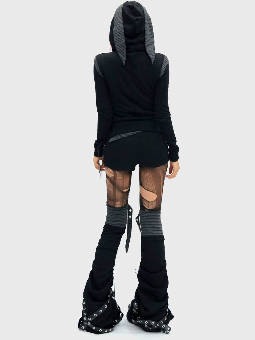 NANAICHILLI Cropped Zippered Patchwork Slim Fit Detachable Striped Women Casual Hoodies