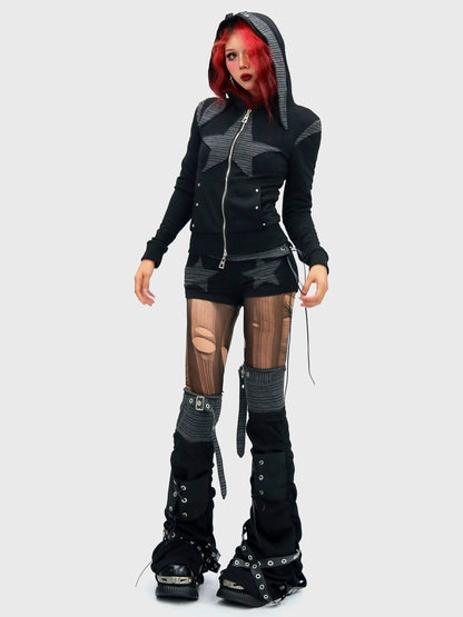 NANAICHILLI Cropped Zippered Patchwork Slim Fit Detachable Striped Women Casual Hoodies