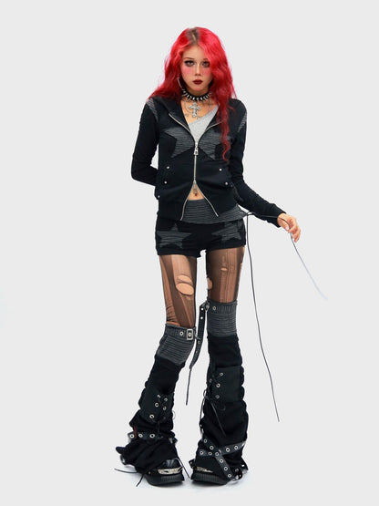 NANAICHILLI Cropped Zippered Patchwork Slim Fit Detachable Striped Women Casual Hoodies