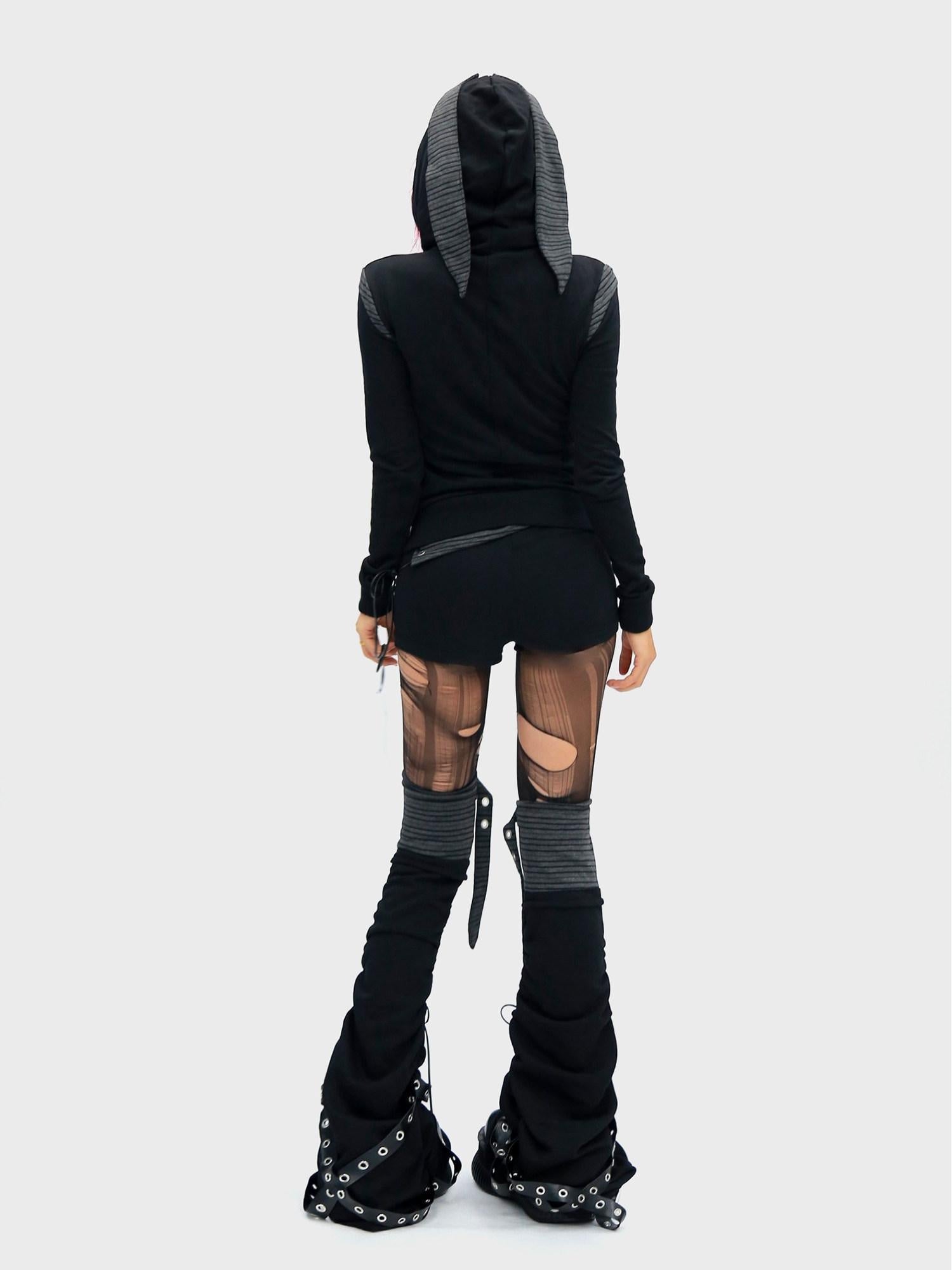 NANAICHILLI Cropped Zippered Patchwork Slim Fit Detachable Striped Women Casual Hoodies