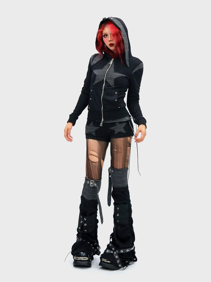 NANAICHILLI Cropped Zippered Patchwork Slim Fit Detachable Striped Women Casual Hoodies