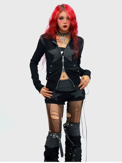 NANAICHILLI Cropped Zippered Patchwork Slim Fit Detachable Striped Women Casual Hoodies