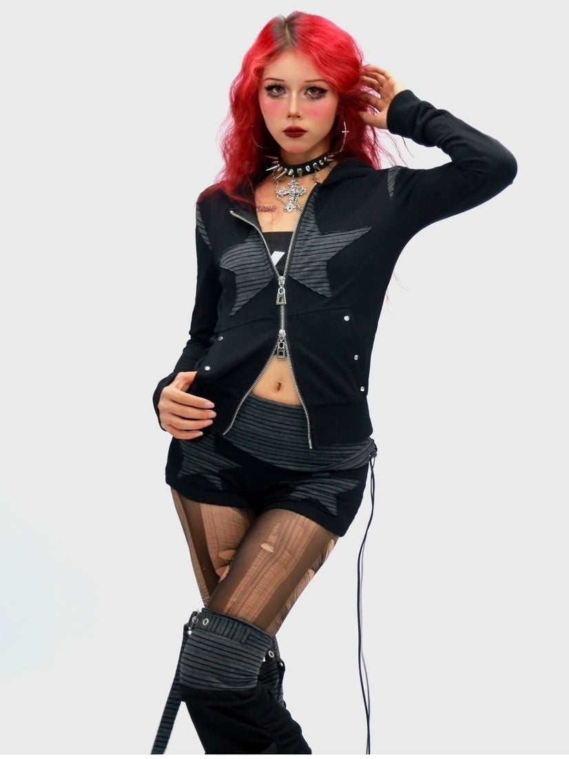 NANAICHILLI Cropped Zippered Patchwork Slim Fit Detachable Striped Women Casual Hoodies