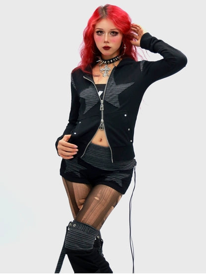 NANAICHILLI Cropped Zippered Patchwork Slim Fit Detachable Striped Women Casual Hoodies