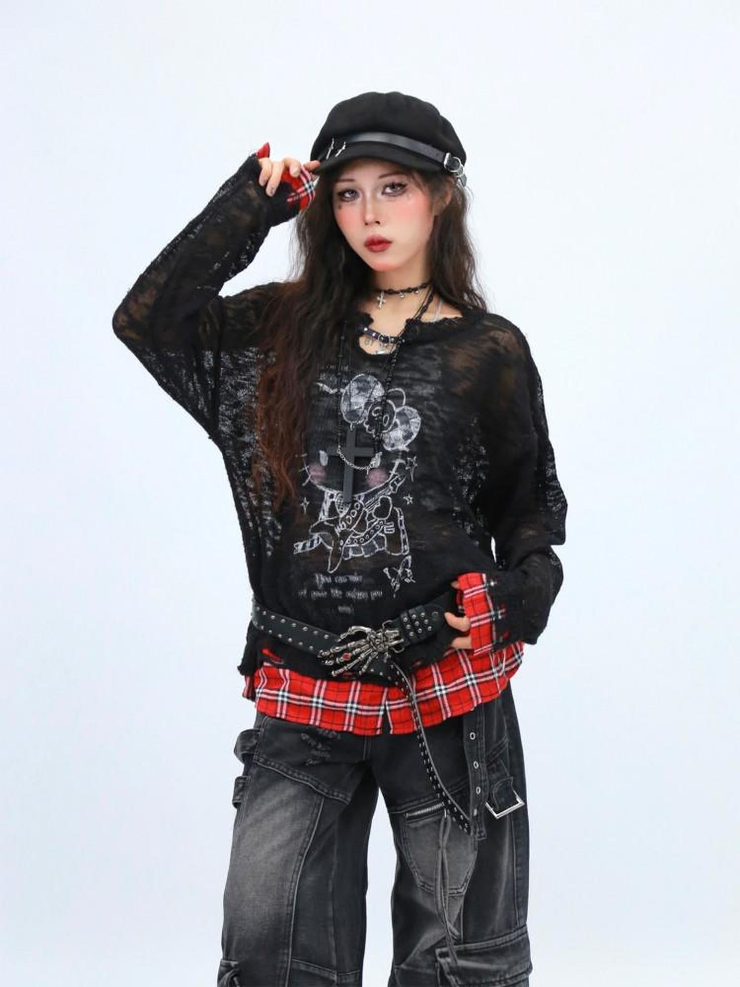 NANAICHILLI Cute Cartoon Anime Print Crew Neck Loose Fit Commuter Casual Long Sleeve T-Shirt