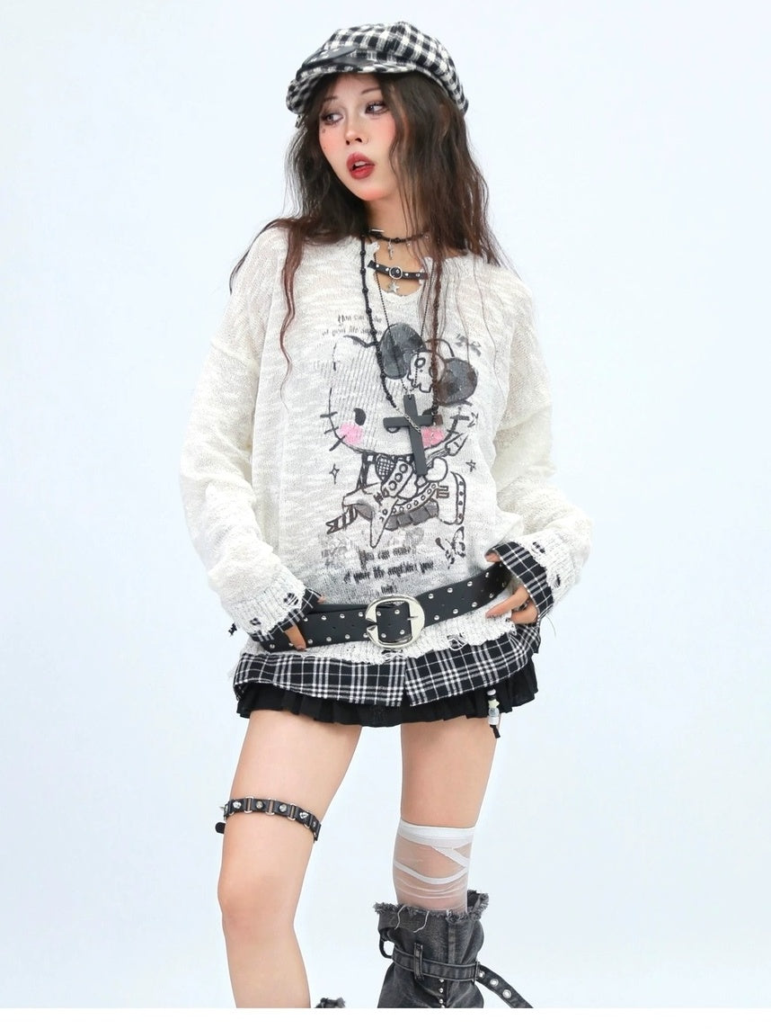 NANAICHILLI Cute Cartoon Anime Print Crew Neck Loose Fit Commuter Casual Long Sleeve T-Shirt