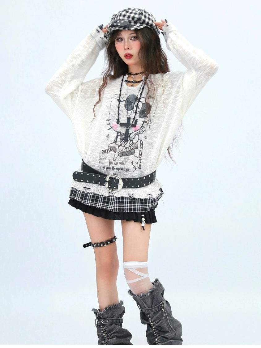 NANAICHILLI Cute Cartoon Anime Print Crew Neck Loose Fit Commuter Casual Long Sleeve T-Shirt