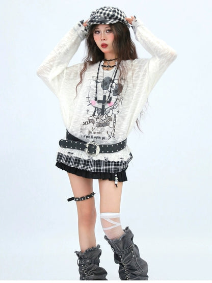 NANAICHILLI Cute Cartoon Anime Print Crew Neck Loose Fit Commuter Casual Long Sleeve T-Shirt