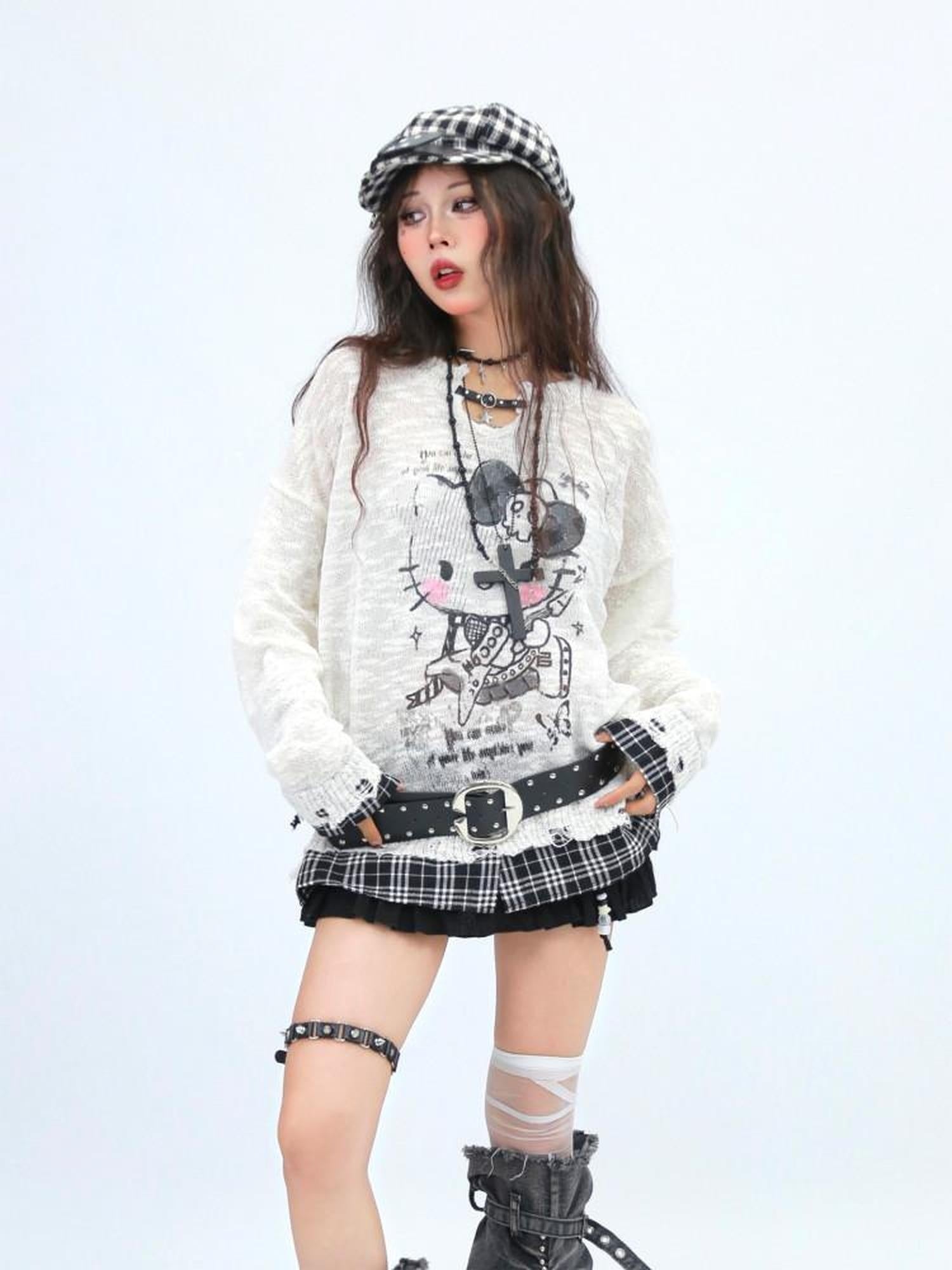 NANAICHILLI Cute Cartoon Anime Print Crew Neck Loose Fit Commuter Casual Long Sleeve T-Shirt