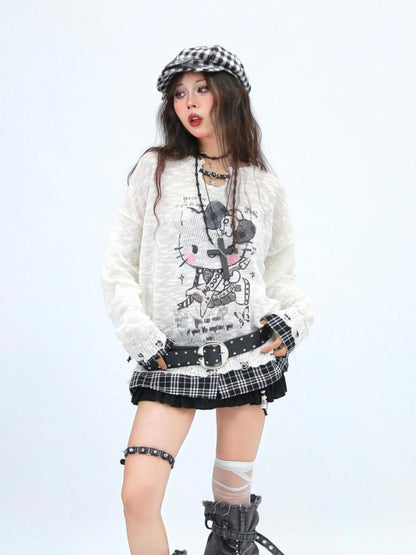 NANAICHILLI Cute Cartoon Anime Print Crew Neck Loose Fit Commuter Casual Long Sleeve T-Shirt