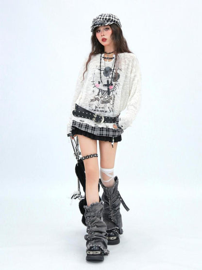 NANAICHILLI Cute Cartoon Anime Print Crew Neck Loose Fit Commuter Casual Long Sleeve T-Shirt