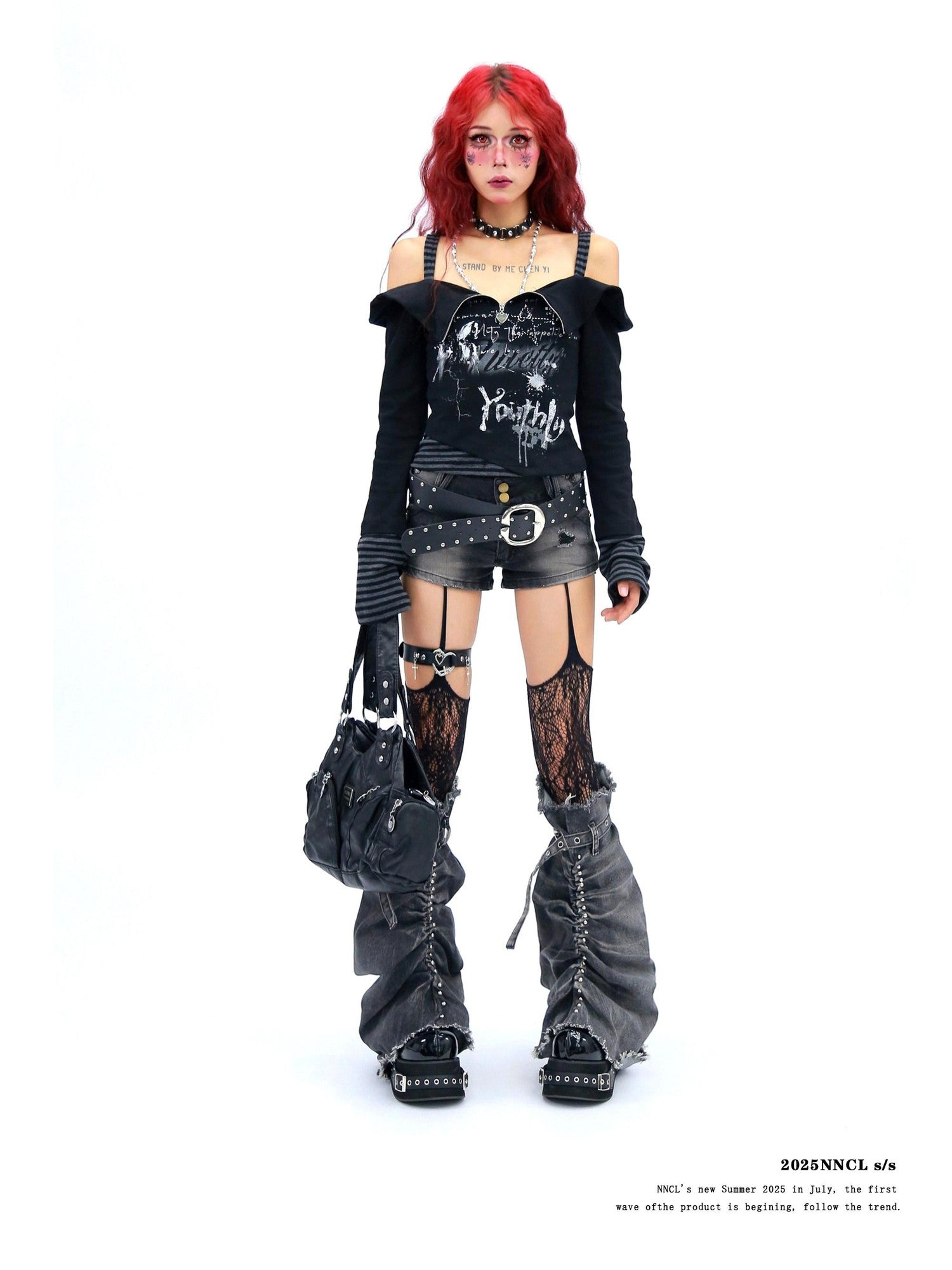NANAICHILLI Dark Elf Zipper One Shoulder Print Cropped Slim Women&