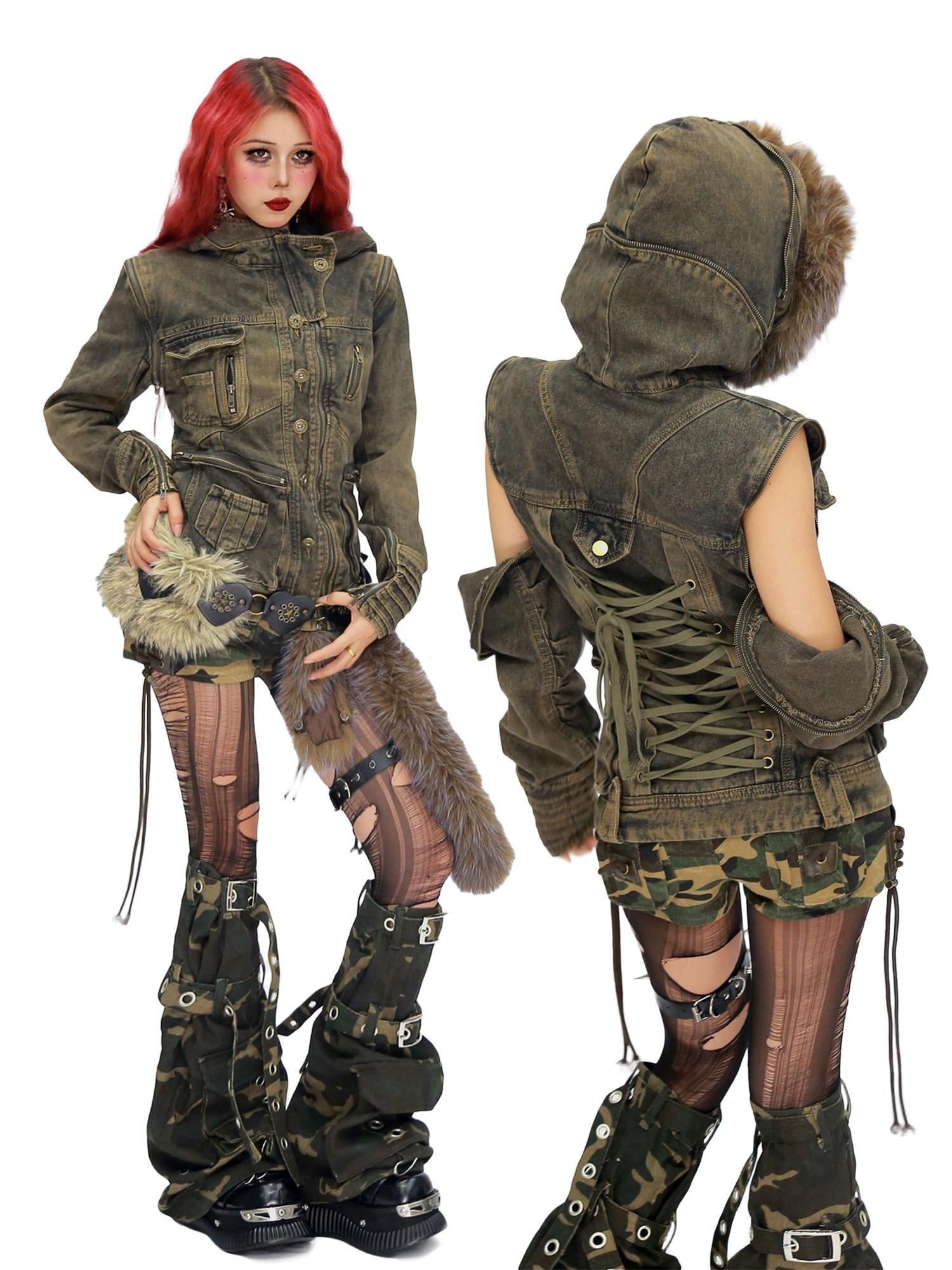 NANAICHILLI Detachable Fur Hood Cotton Street Cinched Waist Patch Pockets Utility Jacket