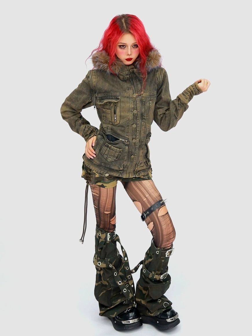 NANAICHILLI Detachable Fur Hood Cotton Street Cinched Waist Patch Pockets Utility Jacket