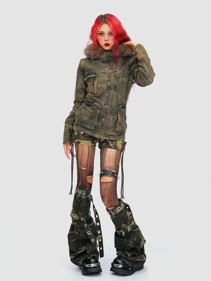 NANAICHILLI Detachable Fur Hood Cotton Street Cinched Waist Patch Pockets Utility Jacket