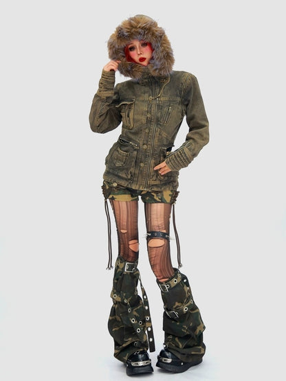 NANAICHILLI Detachable Fur Hood Cotton Street Cinched Waist Patch Pockets Utility Jacket