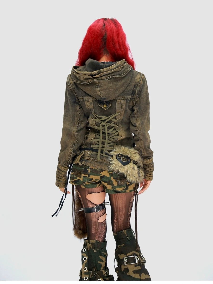 NANAICHILLI Detachable Fur Hood Cotton Street Cinched Waist Patch Pockets Utility Jacket