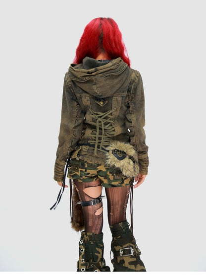 NANAICHILLI Detachable Fur Hood Cotton Street Cinched Waist Patch Pockets Utility Jacket