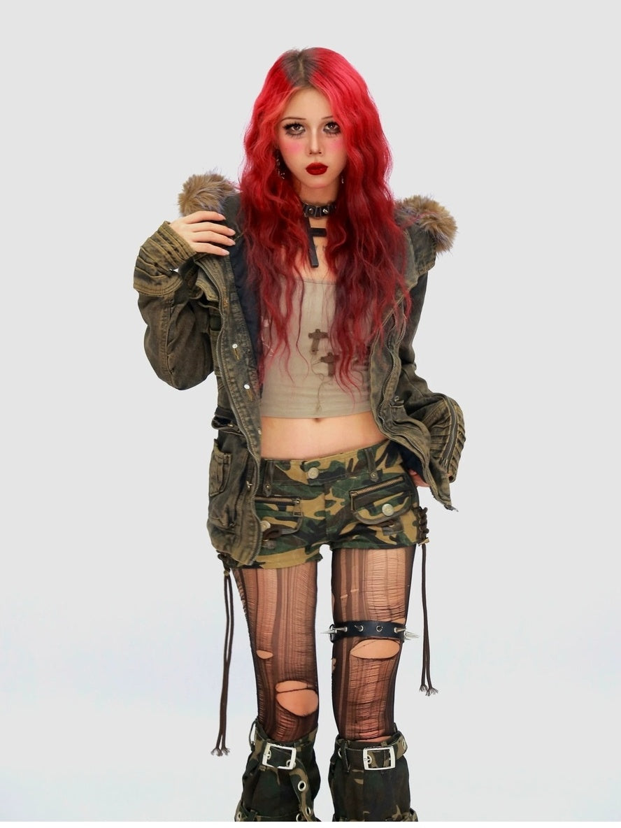 NANAICHILLI Detachable Fur Hood Cotton Street Cinched Waist Patch Pockets Utility Jacket