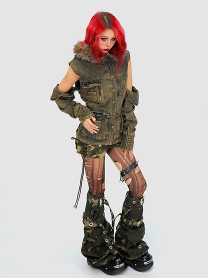 NANAICHILLI Detachable Fur Hood Cotton Street Cinched Waist Patch Pockets Utility Jacket