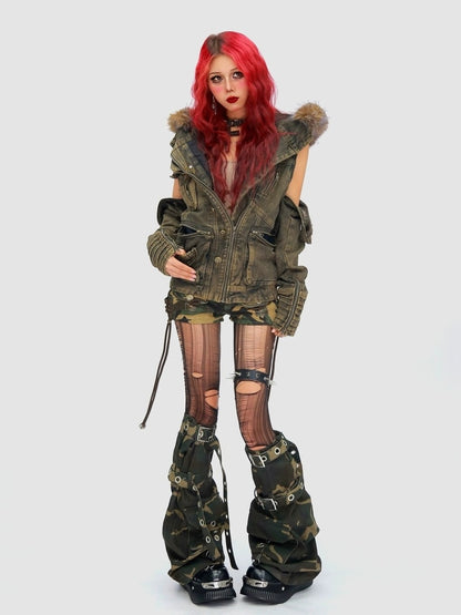 NANAICHILLI Detachable Fur Hood Cotton Street Cinched Waist Patch Pockets Utility Jacket