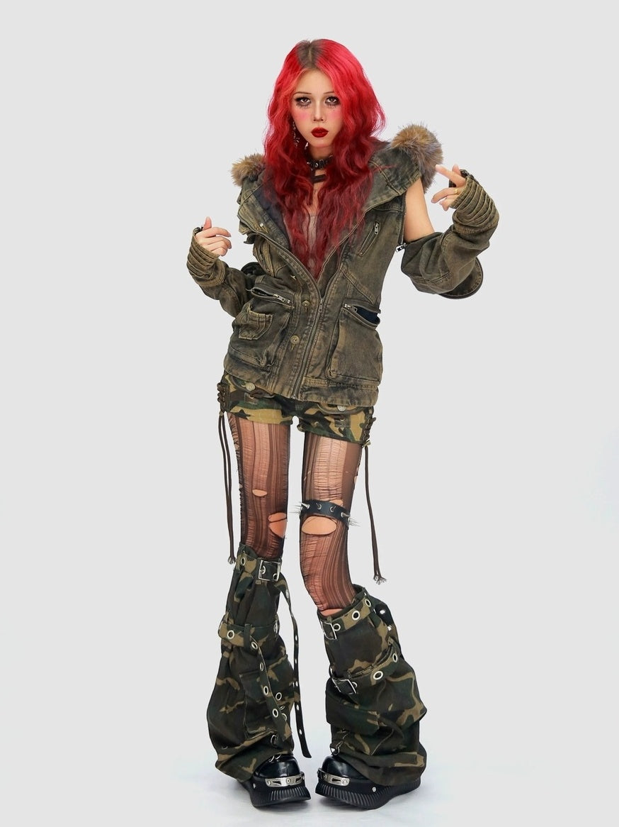 NANAICHILLI Detachable Fur Hood Cotton Street Cinched Waist Patch Pockets Utility Jacket