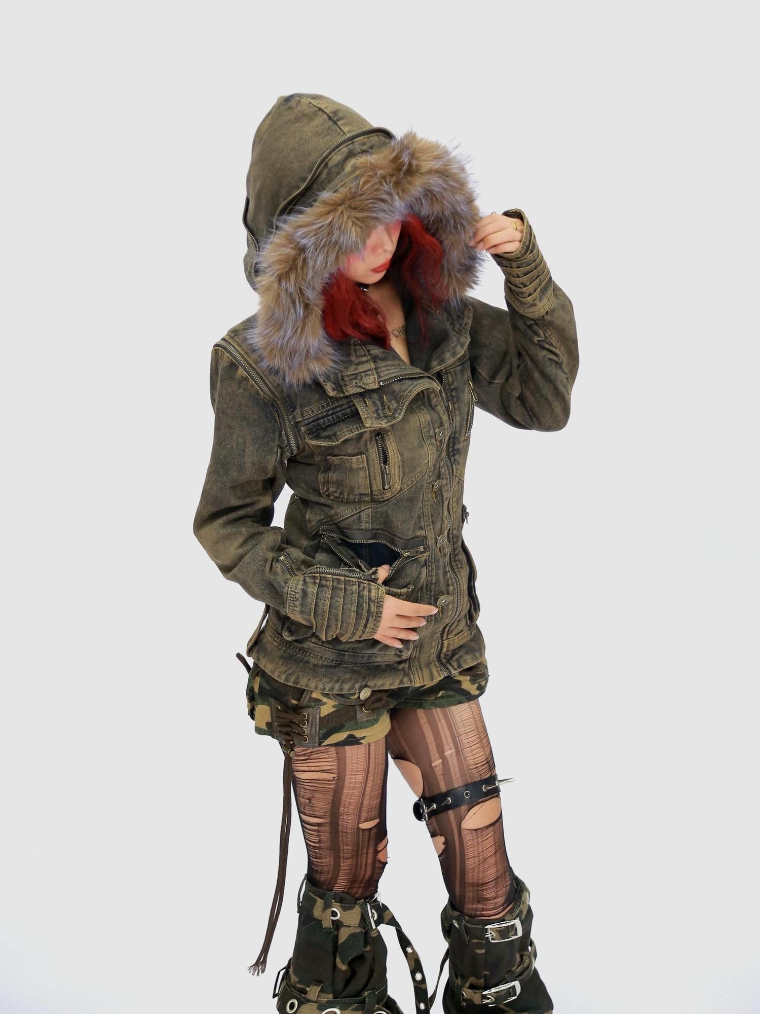 NANAICHILLI Detachable Fur Hood Cotton Street Cinched Waist Patch Pockets Utility Jacket