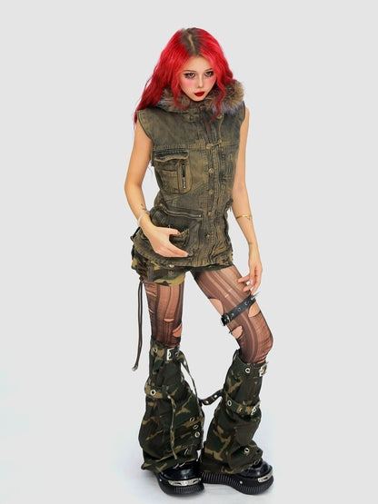 NANAICHILLI Detachable Fur Hood Cotton Street Cinched Waist Patch Pockets Utility Jacket