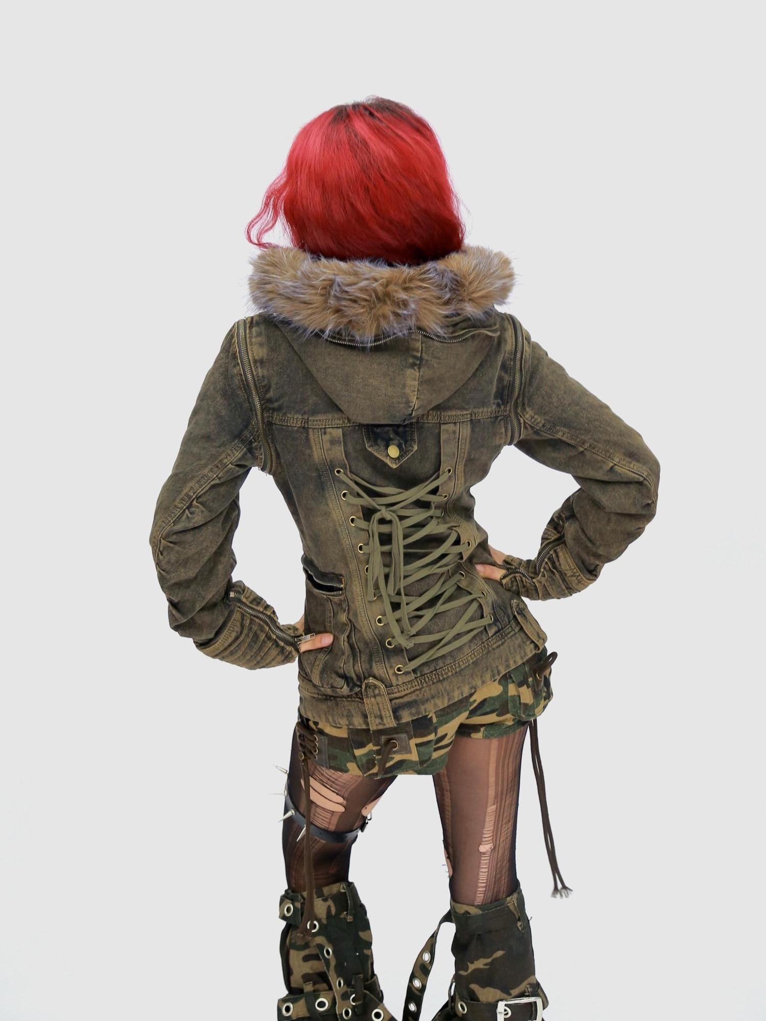 NANAICHILLI Detachable Fur Hood Cotton Street Cinched Waist Patch Pockets Utility Jacket