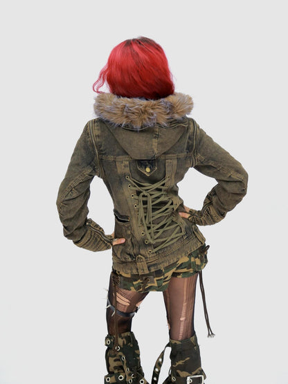 NANAICHILLI Detachable Fur Hood Cotton Street Cinched Waist Patch Pockets Utility Jacket