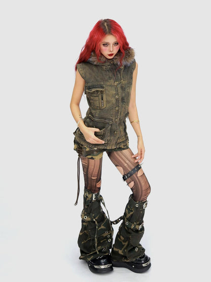 NANAICHILLI Detachable Fur Hood Cotton Street Cinched Waist Patch Pockets Utility Jacket