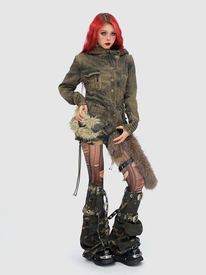 NANAICHILLI Detachable Fur Hood Cotton Street Cinched Waist Patch Pockets Utility Jacket