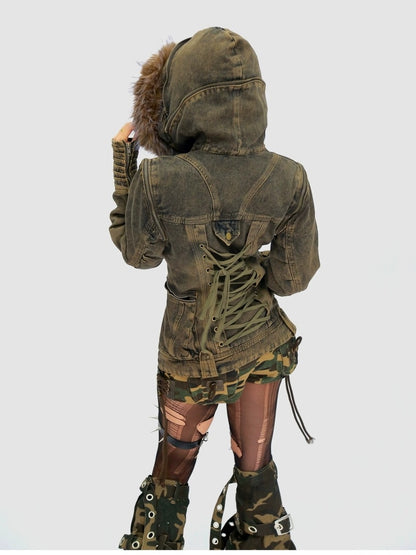 NANAICHILLI Detachable Fur Hood Cotton Street Cinched Waist Patch Pockets Utility Jacket