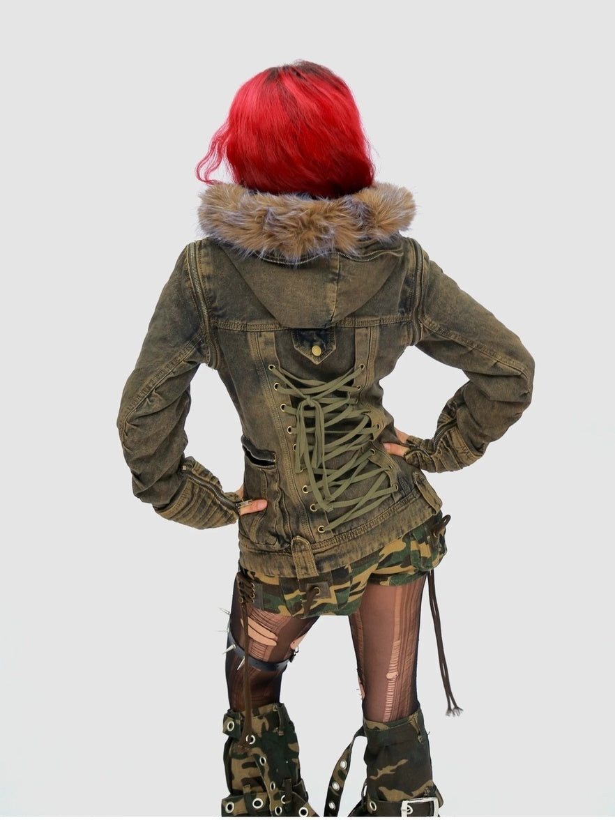 NANAICHILLI Detachable Fur Hood Cotton Street Cinched Waist Patch Pockets Utility Jacket