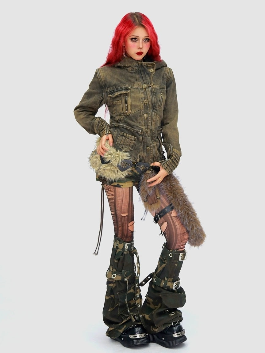 NANAICHILLI Detachable Fur Hood Cotton Street Cinched Waist Patch Pockets Utility Jacket