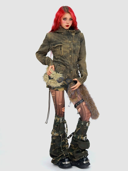 NANAICHILLI Detachable Fur Hood Cotton Street Cinched Waist Patch Pockets Utility Jacket