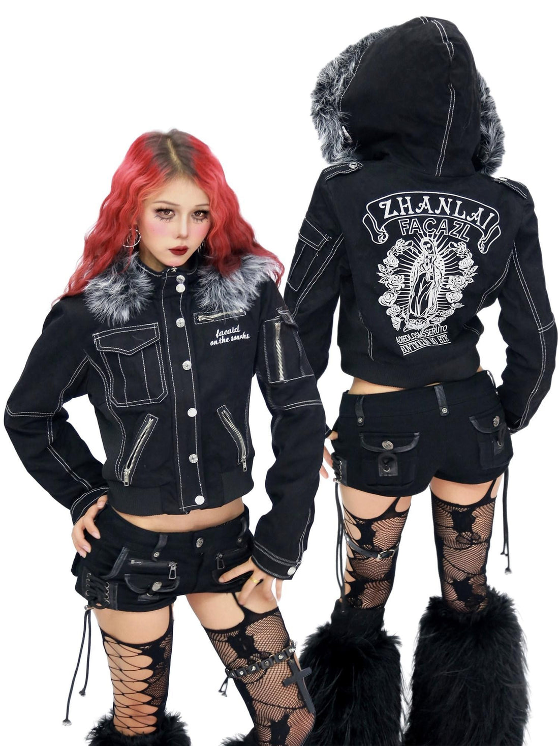 NANAICHILLI Detachable Fur Slim Gothic Hooded Black Cotton Patch Pocket Women Utility Jacket