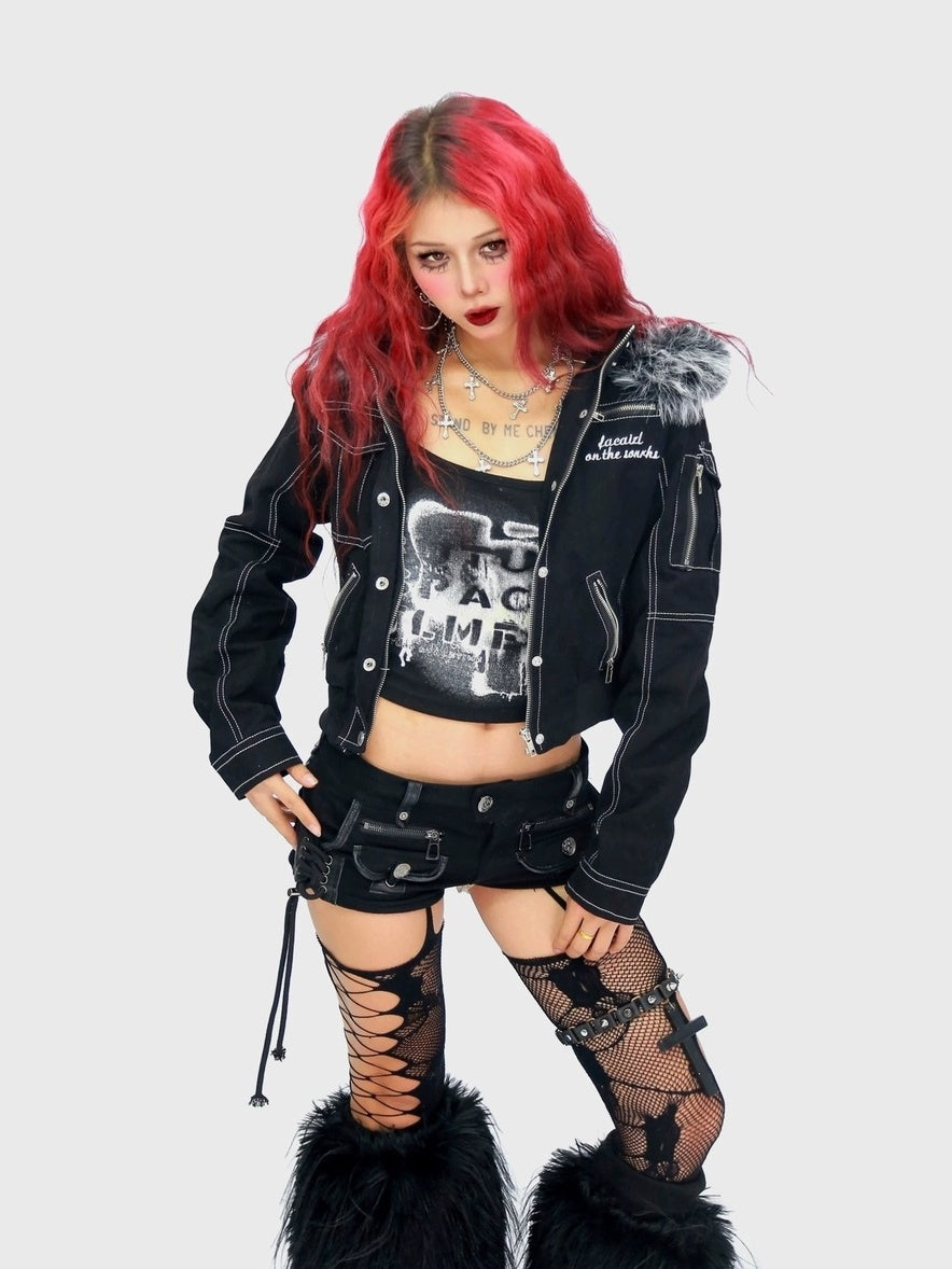 NANAICHILLI Detachable Fur Slim Gothic Hooded Black Cotton Patch Pocket Women Utility Jacket