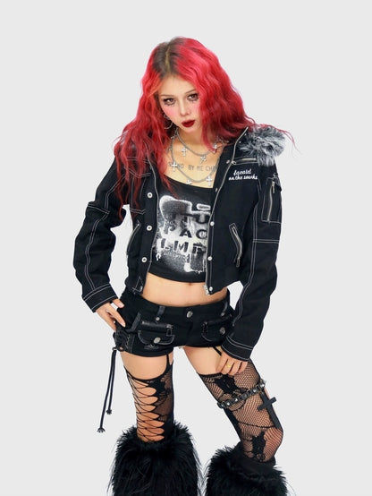 NANAICHILLI Detachable Fur Slim Gothic Hooded Black Cotton Patch Pocket Women Utility Jacket